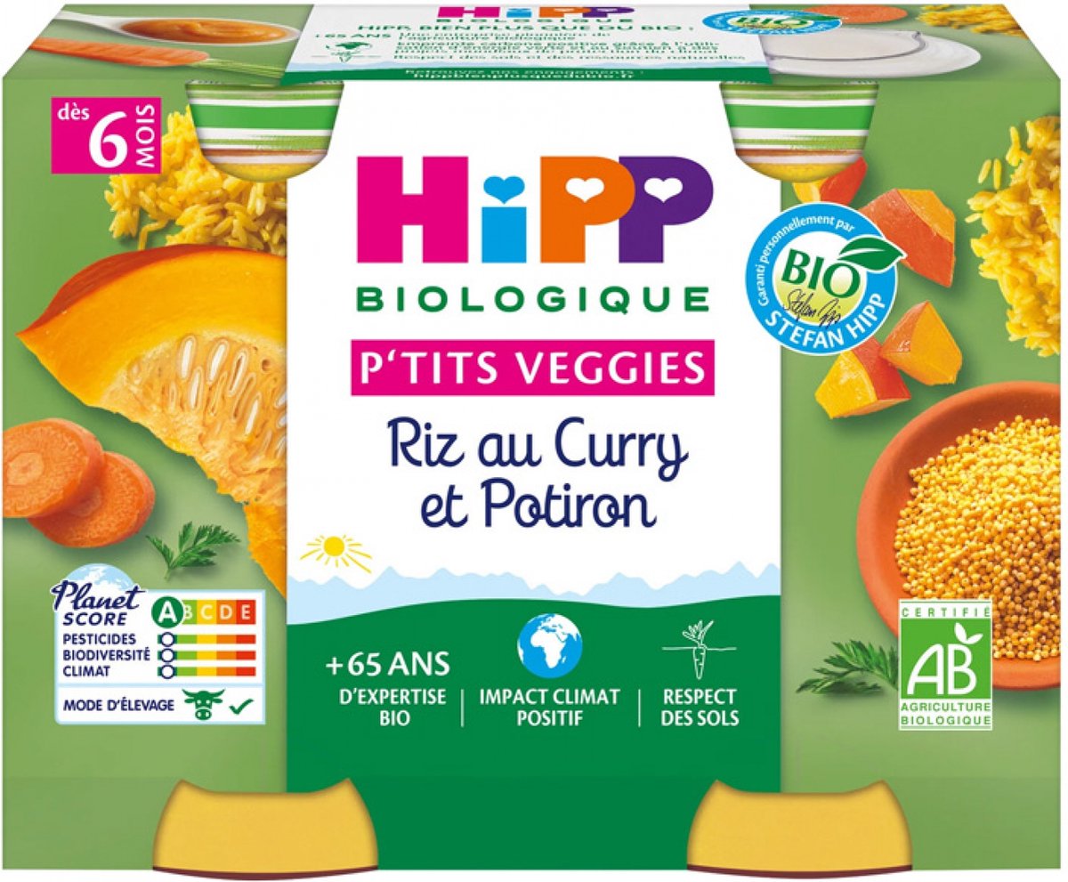 Goedkoopste HiPP P'tits Veggies Rijst met Kerrie en Pompoen van 6 Maanden Biologisch 2 Potjes