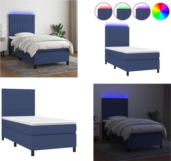 vidaXL Boxspring met matras en LED stof blauw 90x190 cm - Boxspring - Boxsprings - Bed - Slaapmeubel
