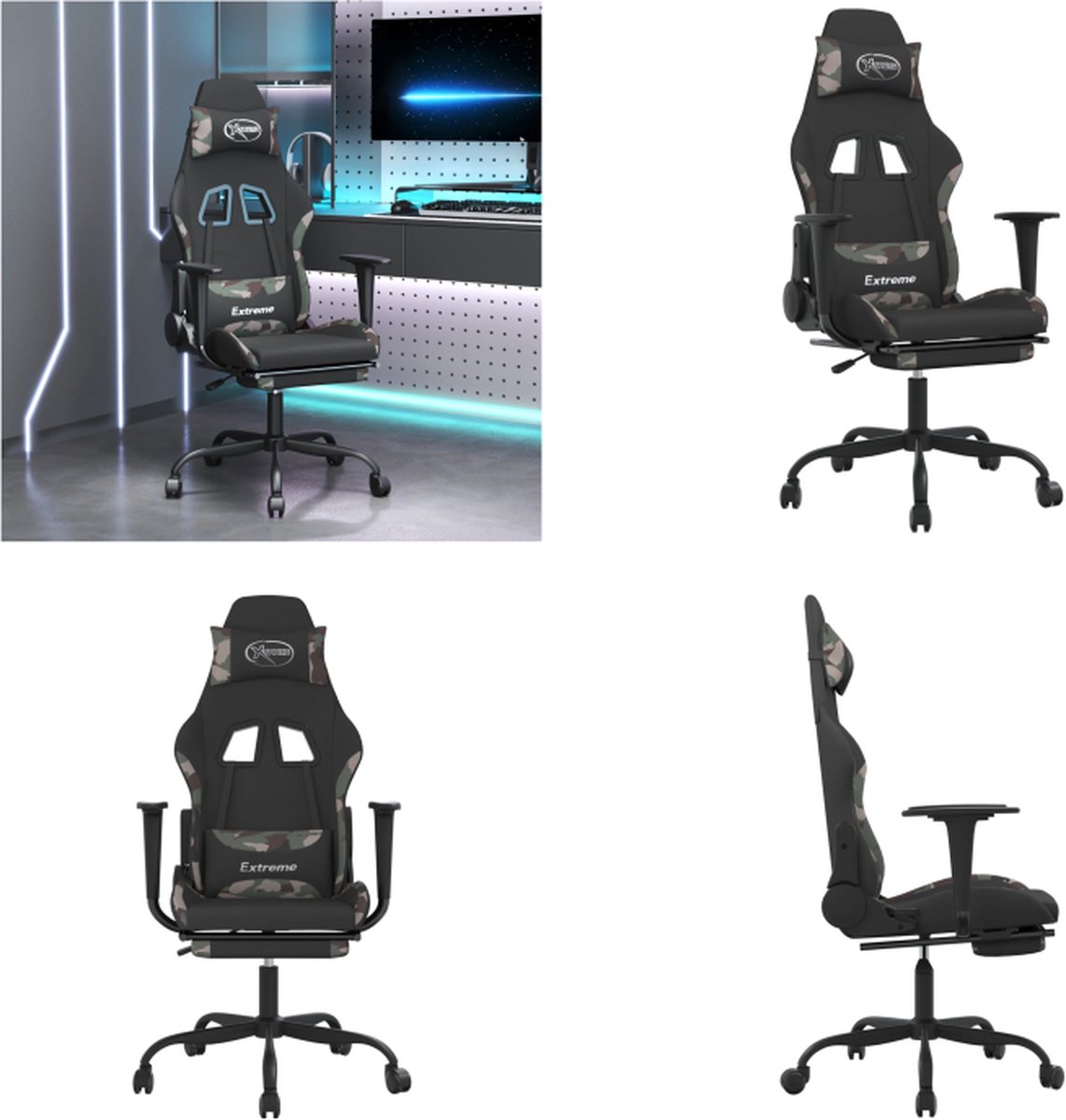 vidaXL Gamestoel met voetensteun stof zwart en camouflage - Gamingstoel - Gamingstoelen - Televisiestoel - Racingstoel