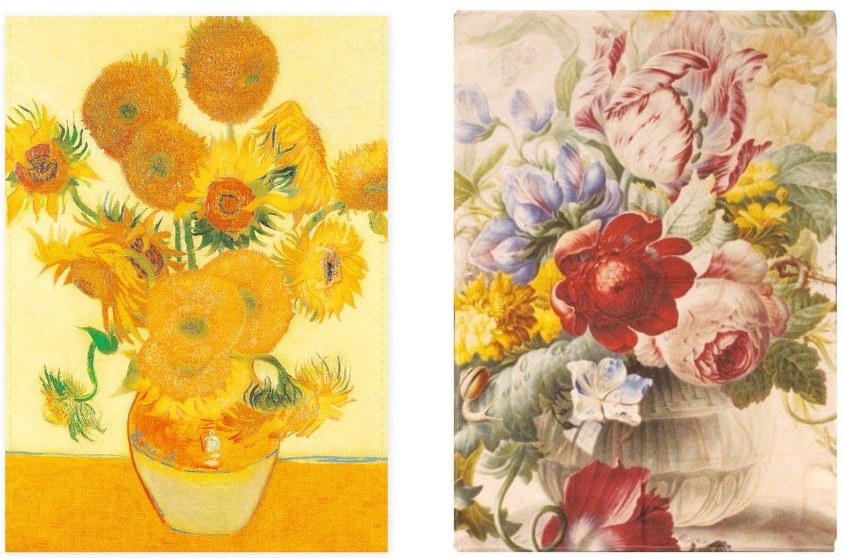 Set van 2 theedoeken - kunst collectie - Van Gogh, Zonnebloemen & Henstenburgh, Bloemstilleven - 100 % katoen 50 x 70 cm by supervintage