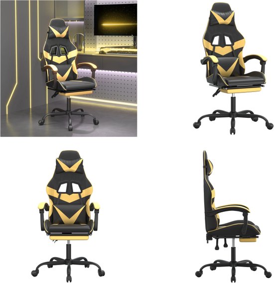 vidaXL Gamestoel draaibaar met voetensteun kunstleer zwart &- goud - Gamingstoel - Gamingstoelen - Televisiestoel - Racingstoel