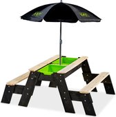 EXIT Aksent Table de sable Table d'eau et table de pique-nique (2 bancs) + Parasol Noir Edition Limitée + Outils de jardin