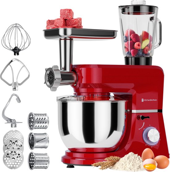 KitchenBrothers Keukenrobot - 6-in-1 Keukenrobot - 1500W - Met Gehaktmolen, Blender en 15 Accessoires - 6,2L RVS Kom - Rood