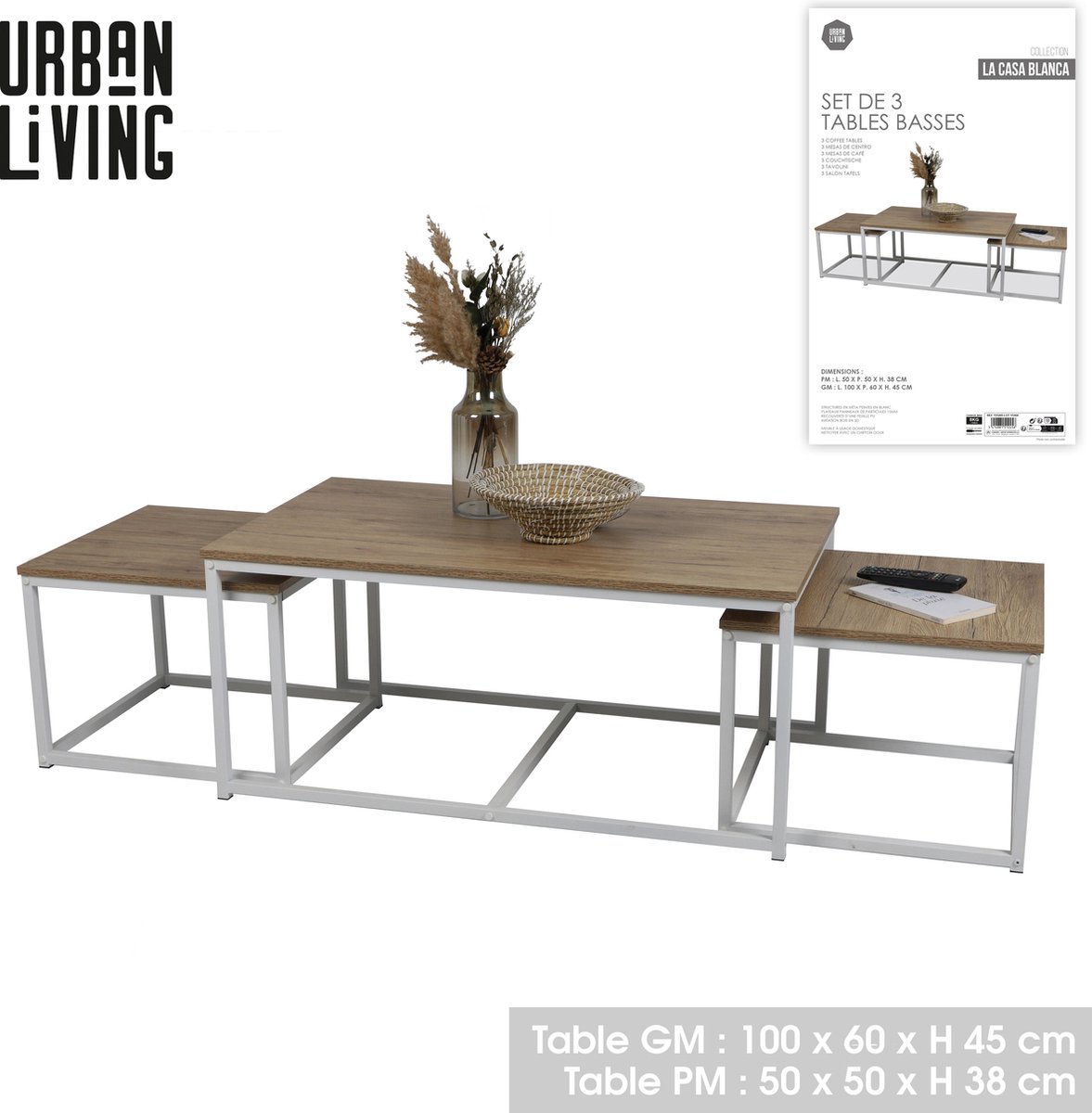 Casame "LA CASA BLANCA" SALONTAFELS SET VAN 3 HOUT EN METAAL 1-100X60XH45CM + 2-50X50XH38CM WHITE
