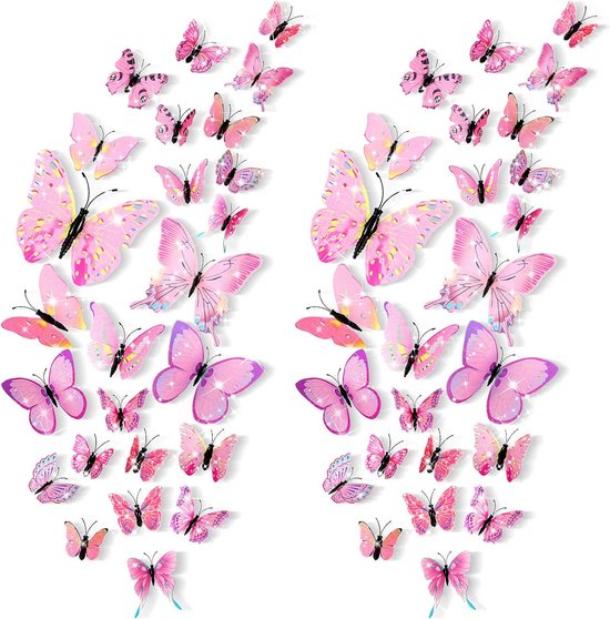 48 stuks 3D vlinder muurstickers verwijderbare vlinder muurstickers bling levendige vlinder muurschildering voor doe-het-zelf feest kantoor huis- en kamerdecoratie (roze)