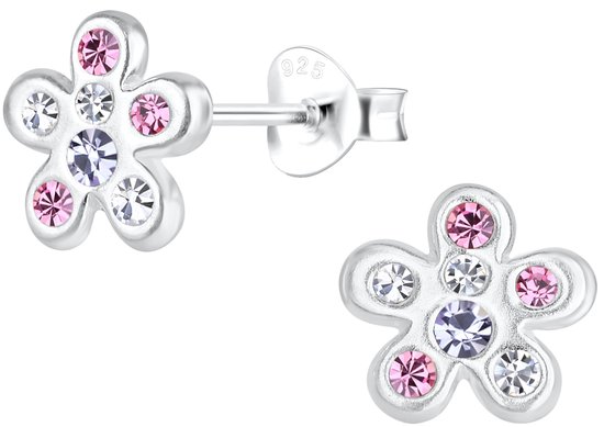 Joy|S - Zilveren bloem oorbellen - 8 mm - zilver met roze kristal