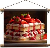 Textielposter - Eten - Cake - Fruit - Aardbeien - Bord - Lepel - 40x30 cm Foto op Textiel