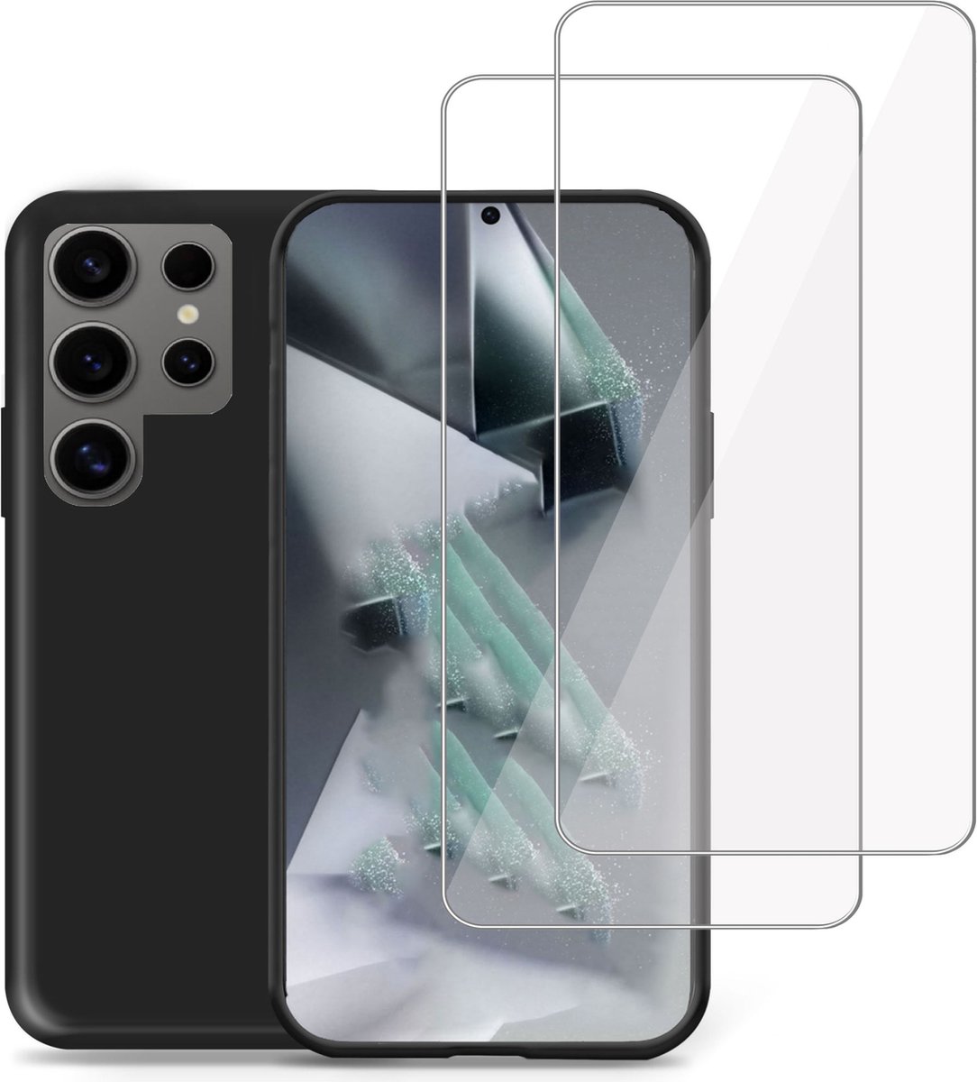 Hoesje + 2x Screenprotector geschikt voor Samsung Galaxy S24 Ultra – Full Screen Tempered Glass - Liquid Back Case Cover Zwart