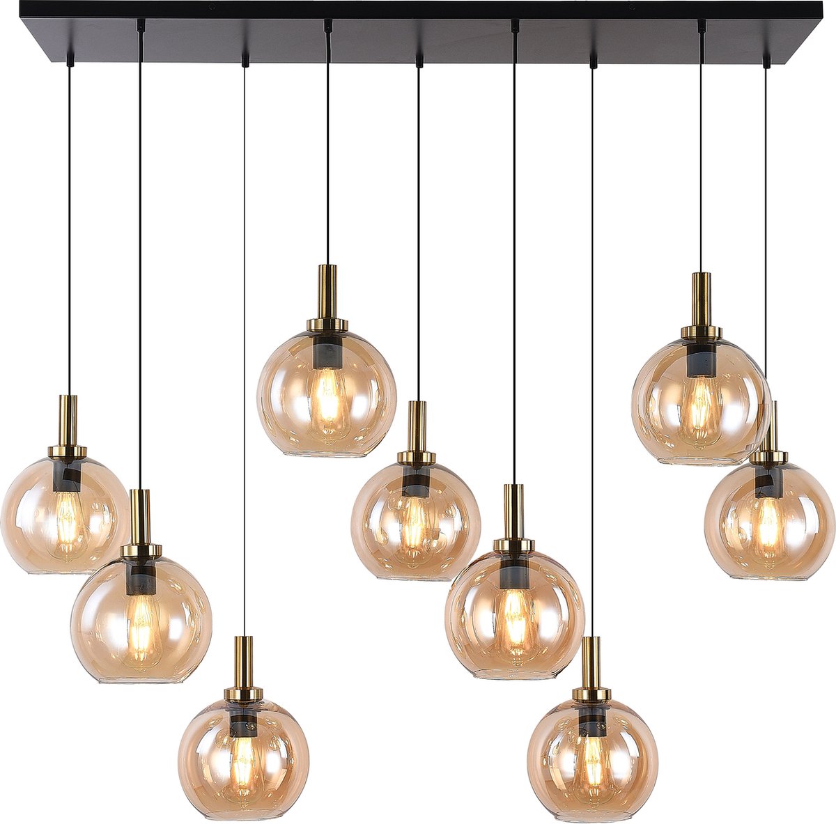 OSIRA Pendel E27 9L Zwart + goud, amber glas 9x Ã˜200mm