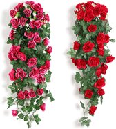 2 stuks kunstbloemen aan de muur, kunstmatige hangplanten, hangbloemen, klimop, kunstplanten, hangend voor balkon, kantoor, 90 cm (rood, rozerood)