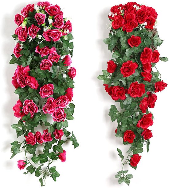 2 stuks kunstbloemen aan de muur, kunstmatige hangplanten, hangbloemen, klimop, kunstplanten, hangend voor balkon, kantoor, 90 cm (rood, rozerood)