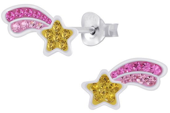 Joy|S - Zilveren vallende ster oorbellen - roze geel kristal - 13 x 6 mm