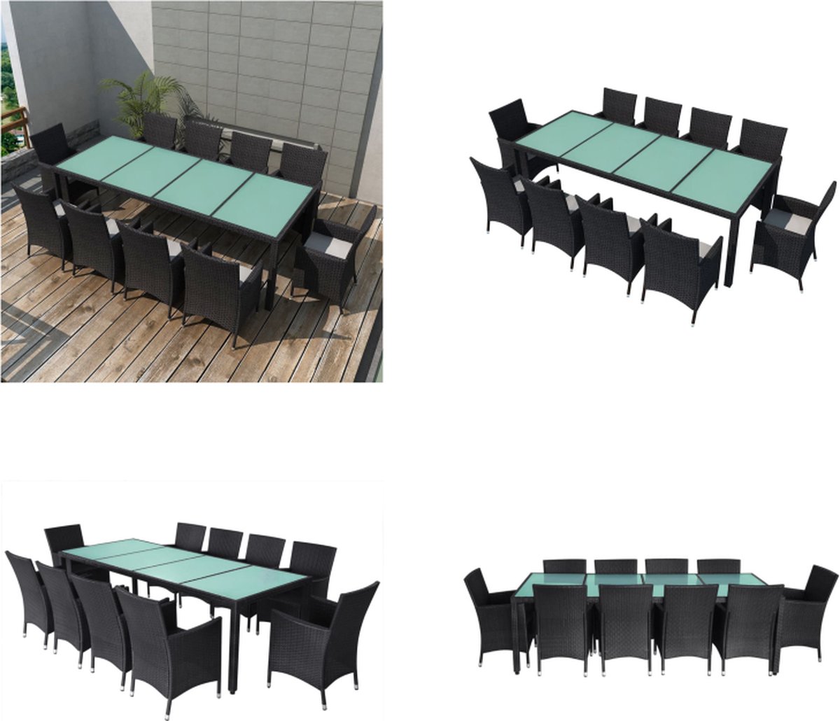 VidaXL -11-delige-Tuinset-met-kussens-poly-rattan-zwart Eethoek Voor Buiten Eethoeken Voor Buiten Tuintafel En Stoel Tuintafels En Stoelen