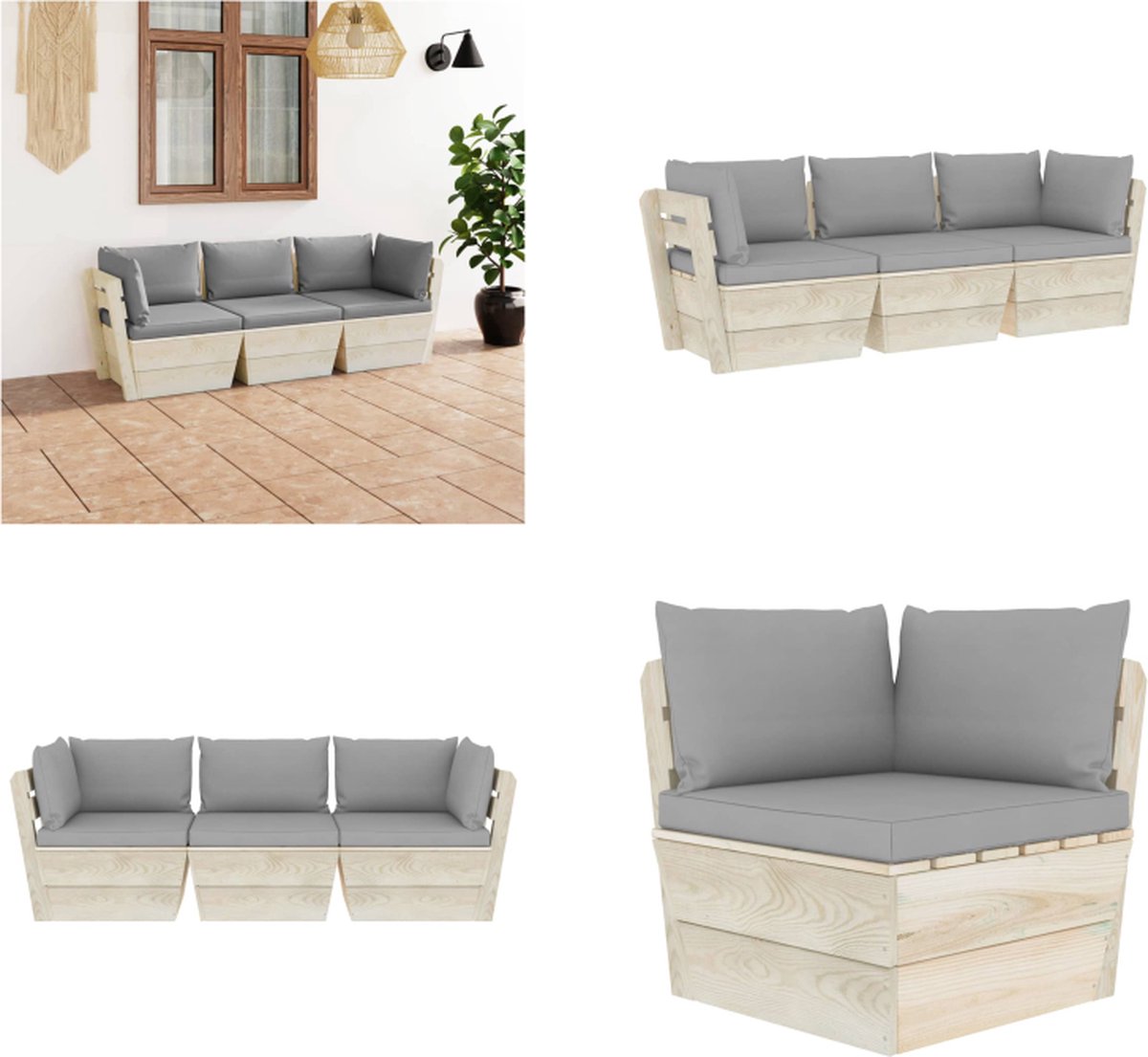 VidaXL Tuinbank 3-zits met kussens pallet vurenhout Pallet Bank Pallet Banken Houten Palletbank Houten Palletbanken