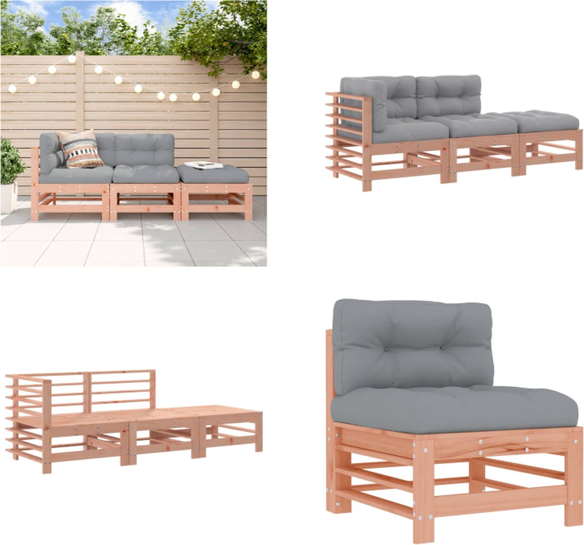 vidaXL 3-delige - Loungeset - met - kussens - massief - douglashout grijs