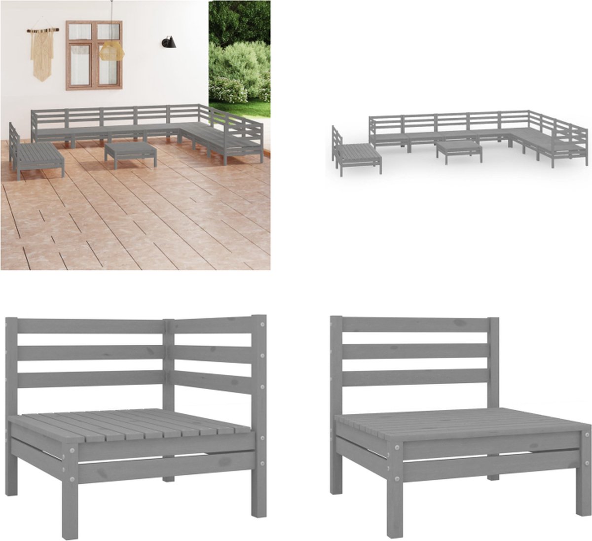 VidaXL 11-delige Loungeset massief grenenhout grijs Pallet Loungeset Pallet Loungesets Pallet Loungebank Loungeset