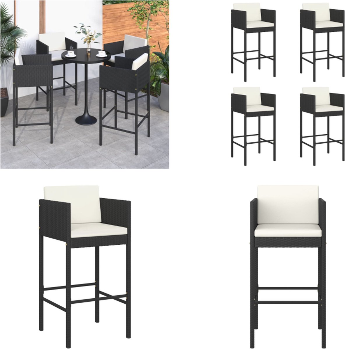 VidaXL Barkrukken 4 st met kussens poly rattan zwart Barkruk Barkrukken Barstoel