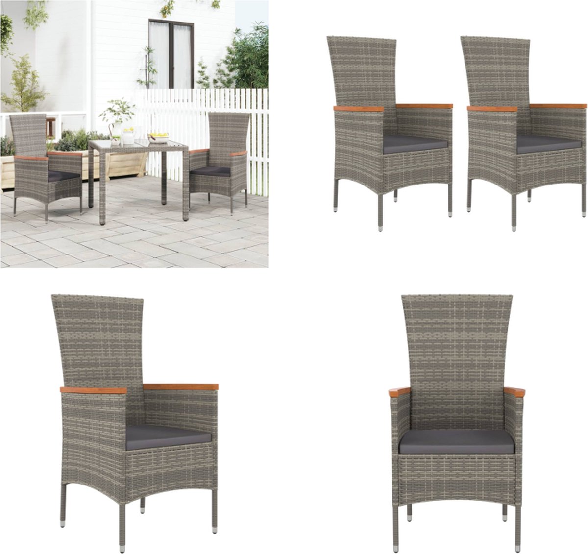 VidaXL Tuinstoelen 2 st met kussens poly rattan grijs Tuinstoel Tuinstoelen Tuin Stoel Tuin Eetkamerstoel