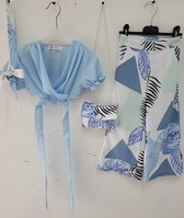 Meisjes 4 delige set kleding broek zomer voorjaar girls maat 2/2Y top tasje wit blauw print
