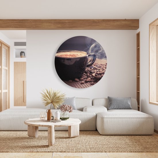 Artaza Forex Wall Circle Tasse à Café chaud avec Grains de café - 80x80 cm - Groot - Cercle mural - Peinture ronde - Cercle de Décoration murale