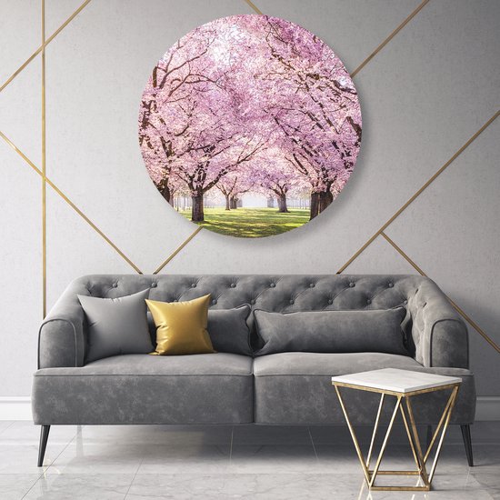 Artaza Forex Cercle mural Parc d'arbres en fleurs roses - Fleurs - 90x90 cm - Groot - Cercle mural - Peinture ronde - Cercle de Décoration murale