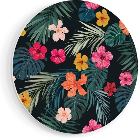 Artaza Forex Muurcirkel Getekende Tropische Bloemen - Abstract - 90x90 cm - Groot - Wandcirkel - Rond Schilderij - Muurdecoratie Cirkel
