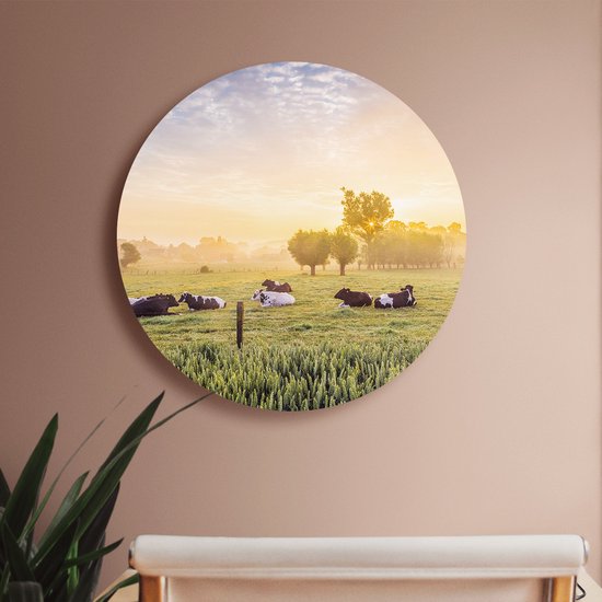 Artaza Forex Muurcirkel Koeien In De Wei Tijdens Zonsopgang - 70x70 cm - Wandcirkel - Rond Schilderij - Wanddecoratie Cirkel - Muurdecoratie