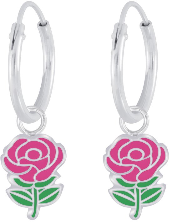 Joy|S - Zilveren bloem oorbellen - roze roosje bedel oorringen