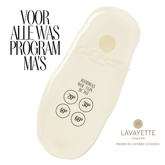 Bouteille blanche avec Lavayette "C'est Lavage" et texte sur les programmes de lavage.