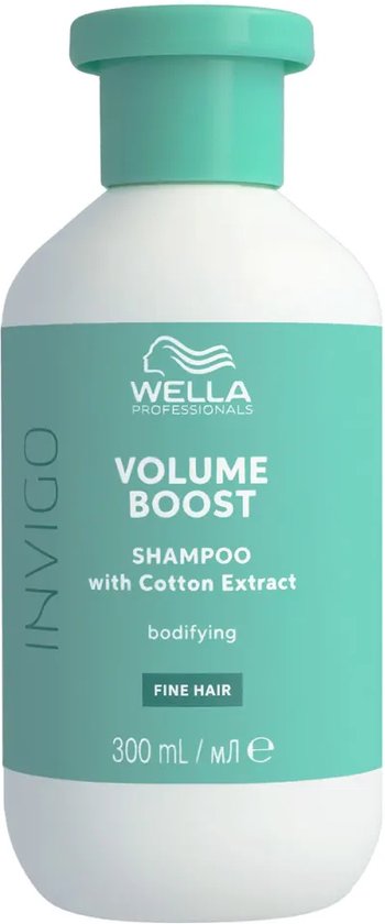 Wella Professionals Invigo Volume Boost shampoo met katoenextract voor fijn haar, 300ml, in een witte fles met mintgroen etiket en dop.