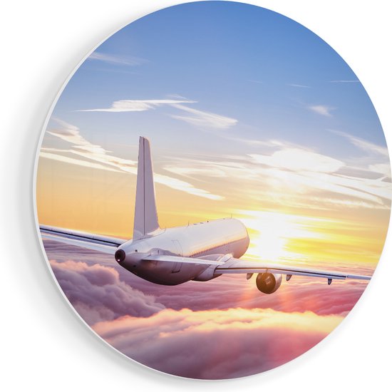 Artaza Forex Muurcirkel Vliegtuig In De Wolken Bij Zonsondergang - 50x50 cm - Klein - Wandcirkel - Rond Schilderij - Muurdecoratie Cirkel