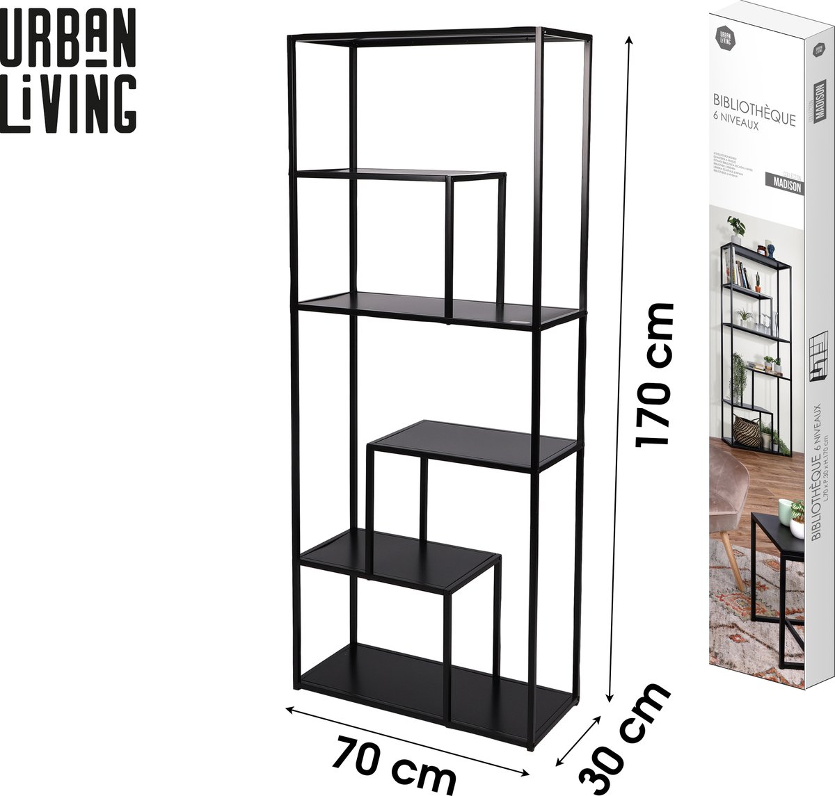 Urban Living "MADISON" Boekenkast met 6 niveaus en zwart metalen frame 70 x 30 x H170 cm