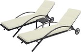 Set van 2 ligstoelen MCW-E27, tuinligstoel, poly rotan ~ zwart, kussens crème-beige