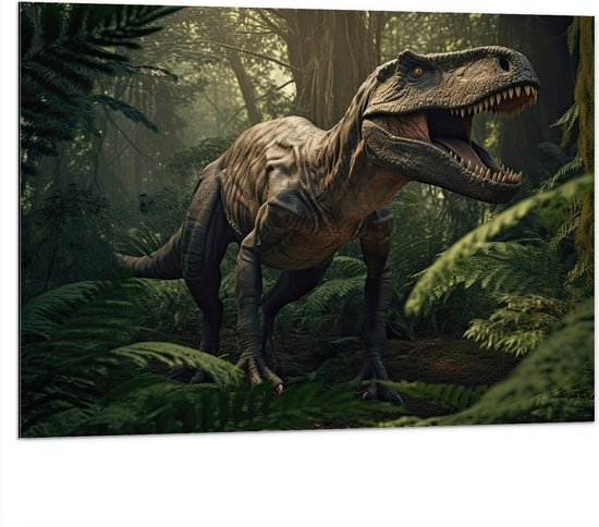 Dibond - Dinosaurus - Bos- Dier - Wild - Vroeger - 100x75 cm Foto op Aluminium (Wanddecoratie van metaal)