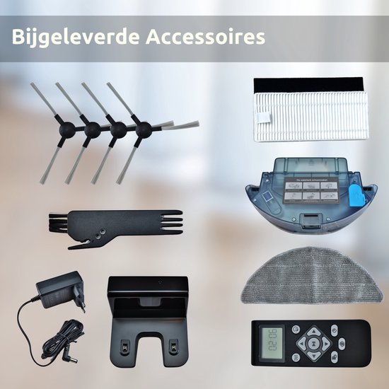 Een verzameling accessoires voor een robotstofzuiger: zijborstels, een reinigingsborstel, een stroomadapter met docking station, HEPA-filters, dweildoeken en een afstandsbediening met display.