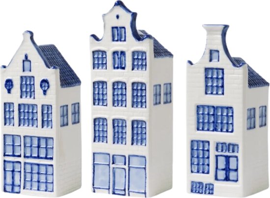 Huisjes decoratie - set van 3 - hoogte 14 cm - Delfts blauw - grachtenhuizen - Hollandse cadeautjes - Holland souvenir- relatiegeschenk - typisch Nederlands