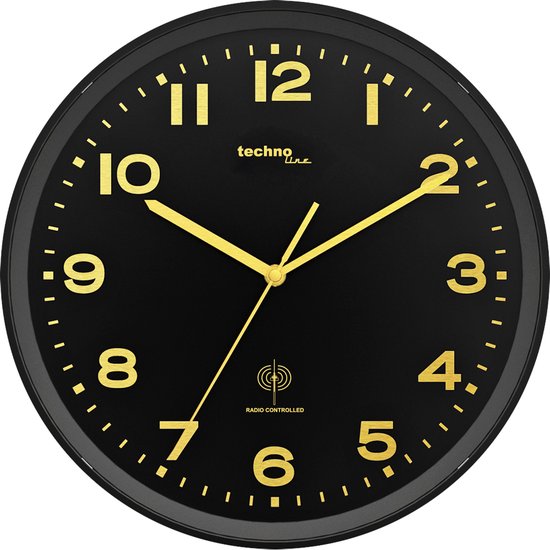 Technoline WT 8500 BLACK & GOLD - Horloge murale - Analogique - Ronde - Cadre en plastique - Glas minéral - Affichage de l'heure radio-piloté - Zwart - Doré