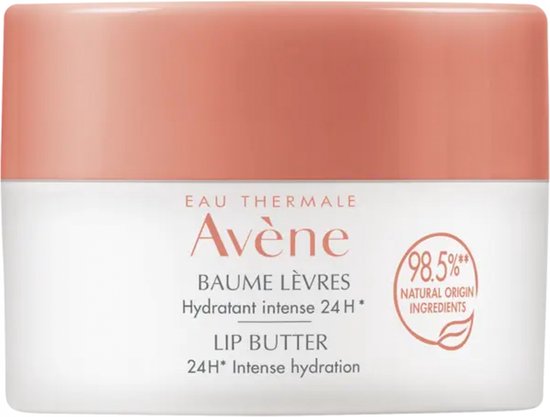 Avène Eau Thermale Baume Lèvres pot, wit met oranje deksel. "Hydratant intense 24H". "Lip Butter 24H* Intense hydration". 98.5% Natural Origin Ingredients.