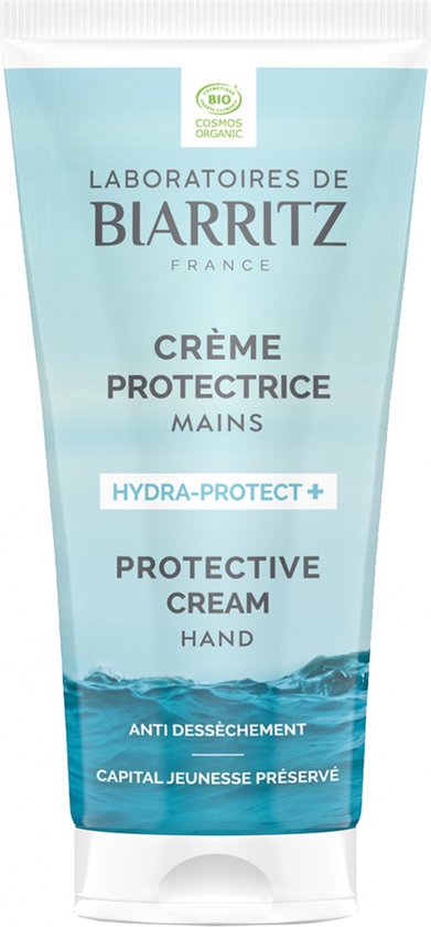 Beschermende handcrème van Laboratoires de Biarritz, "HYDRA-PROTECT + PROTECTIVE CREAM HAND" in witte tube met blauwe golvende waterprint.
