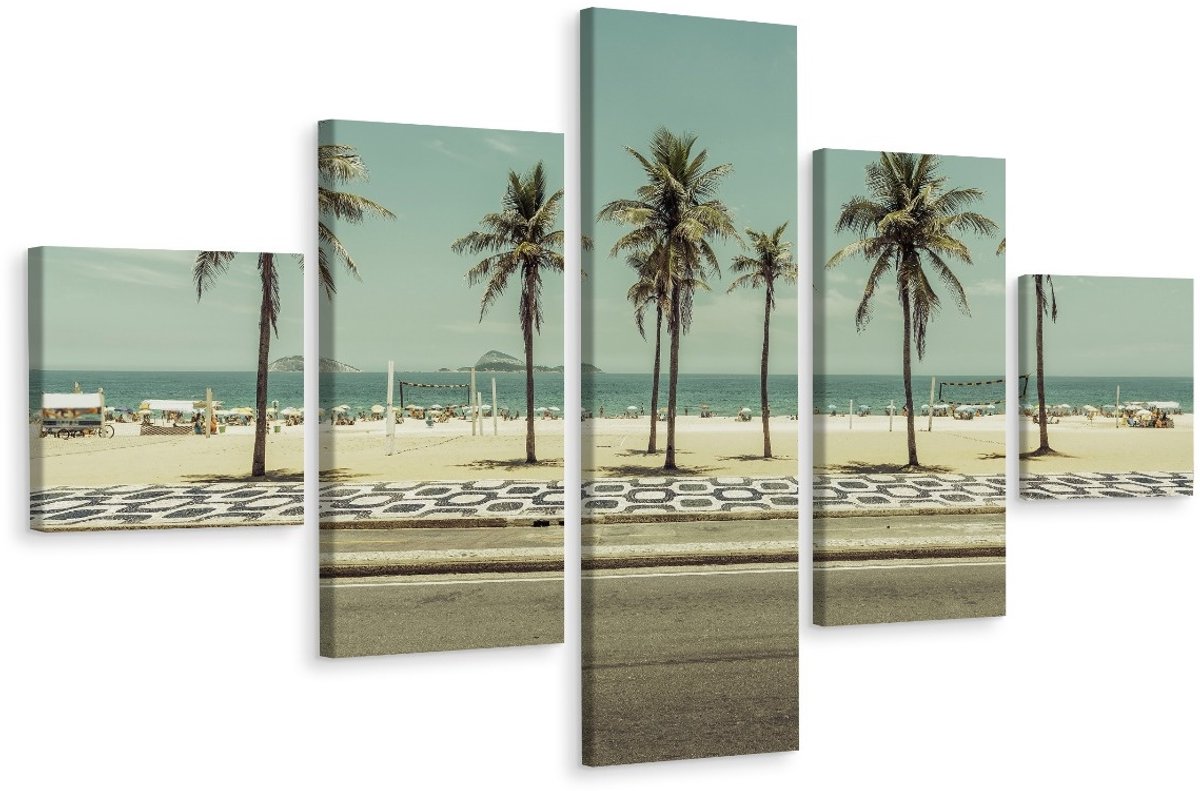 karo-art Schilderij - Retro strand met palmbomen, 5luik, Premium print Multikleur