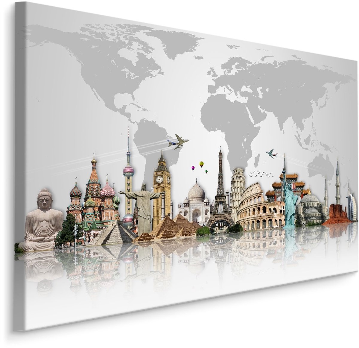 karo-art Schilderij - Wereldkaart met beroemde Bouwwerken, Premium Print Multikleur
