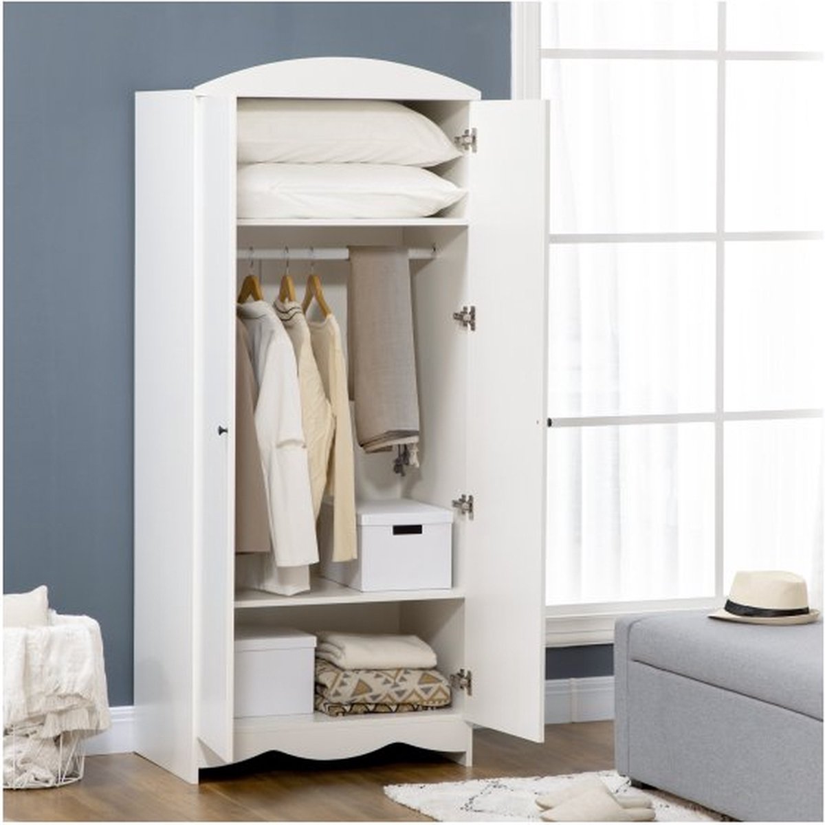 Garderobe, multi -purpose kast met dubbele deur, 3 planken, mantelkamerkast, bestandskast met kantelbeveiliging, wit, 75 x 50 x 180 cm