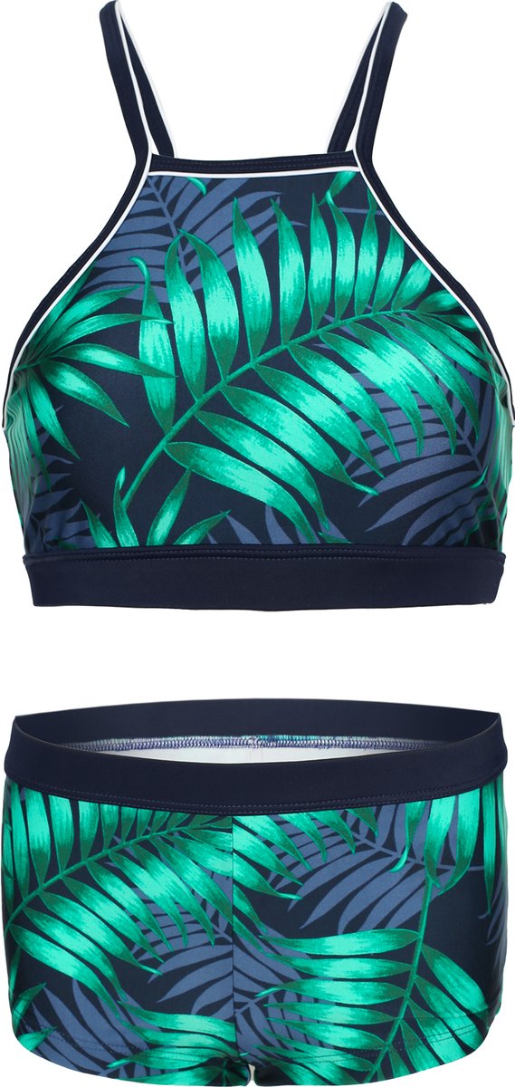 La V Bikini hipster broekje en crop top met racerback - Tropical leaf 170-176 Donkerblauw/ Groen