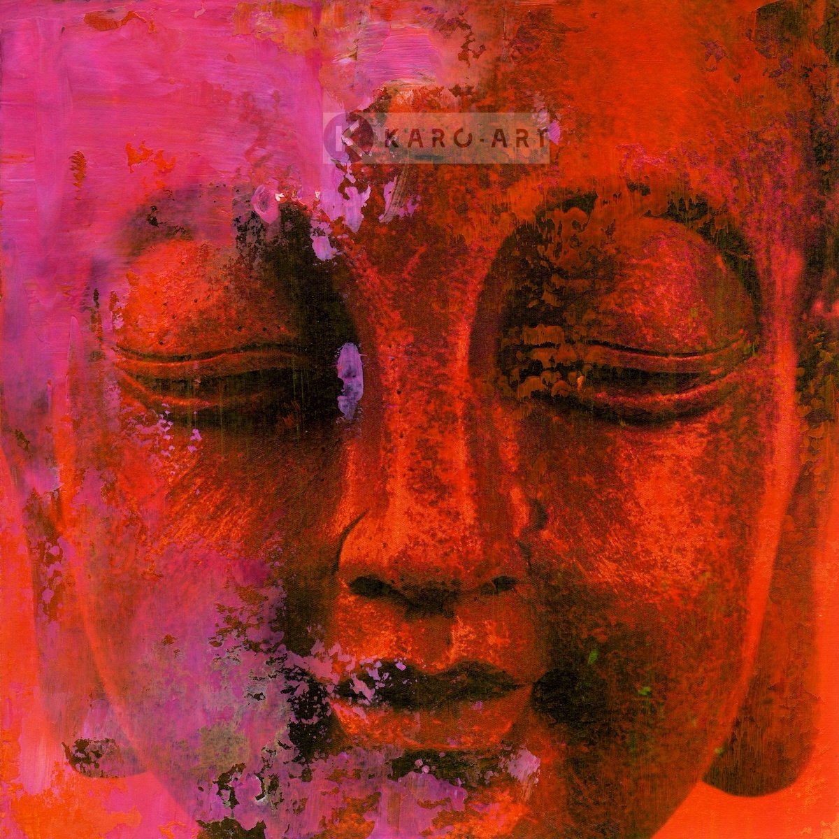 karo-art Schilderij - Gezicht van Boeddha in het rood, roze Multikleur