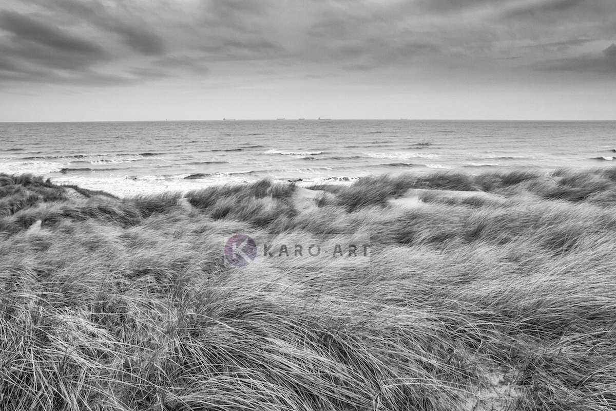 karo-art Schilderij - De Noordzee en duinen in zwart en wit, premium print, 2 maten , Wanddecoratie Multikleur
