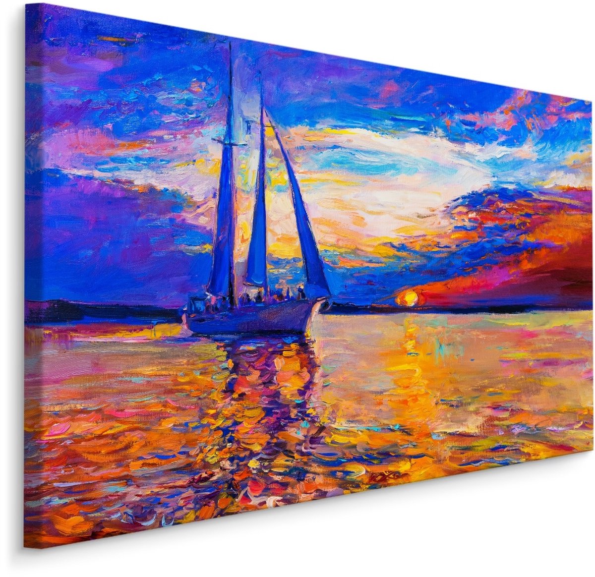 karo-art Schilderij - Zeilboot op kleurrijke zee (print op canvas), prachtige wanddecoratie Multikleur
