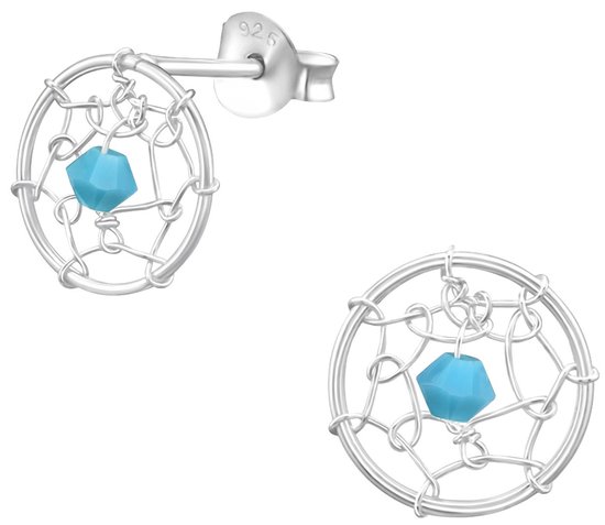 Joy|S - Zilveren droomvanger oorbellen - turquoise  Swarovski kristal - 10 x 10 mm dromenvanger oorknoppen