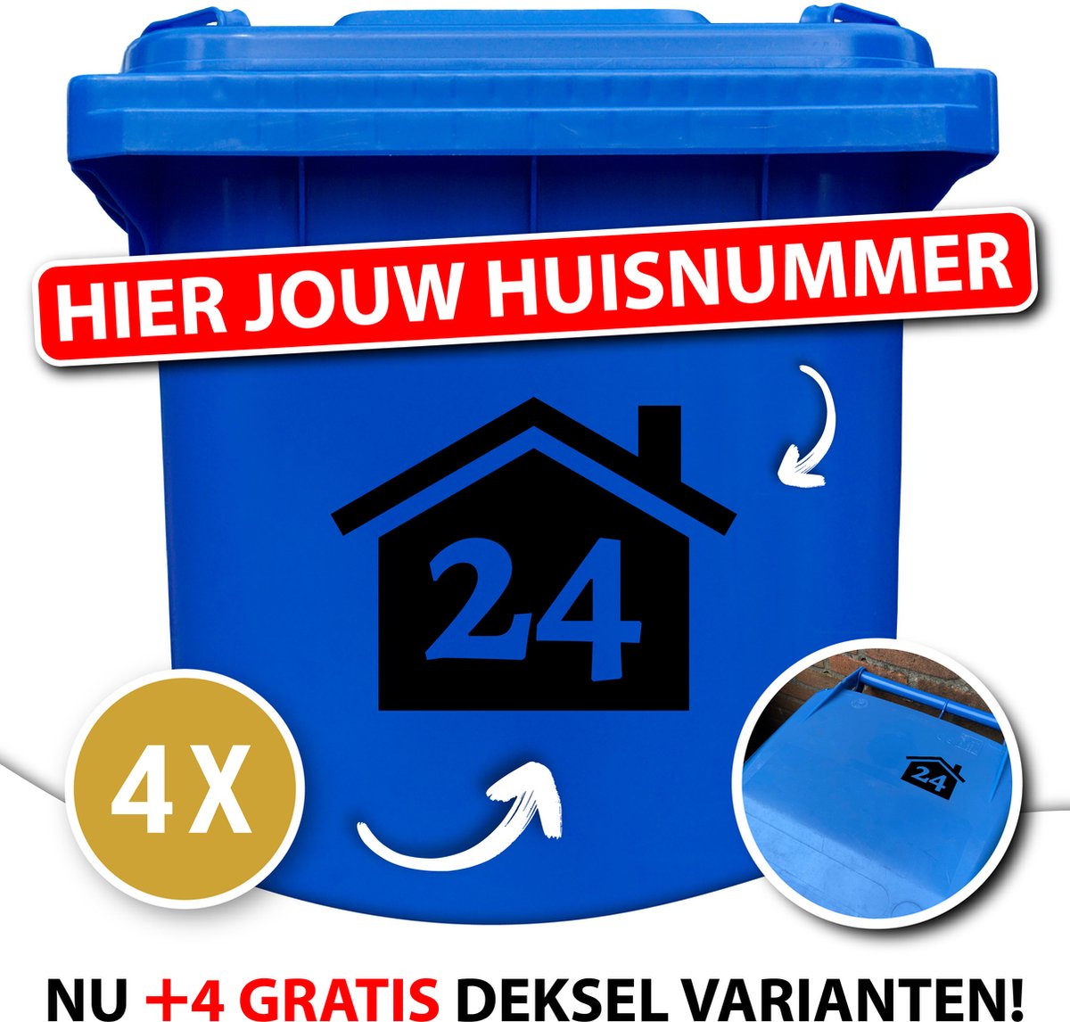 Container Sticker - 8 STUKS VOOR 10,99 - 4 GROTE & 4 DEKSEL VARIANTEN - Huisje met Huisnummer - Formaat 20 x 15,5 cm - Zwart - Klikostickers - Weerbestendige Stickers - Kliko Sticker Voordeelset - Cadeau / Geschenk - 12345678910