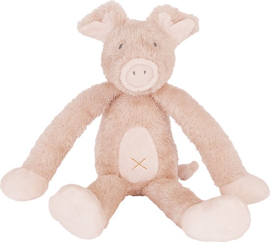Zachte, roze knuffel van een varken met lange armen en benen, en een 'X' borduring op de buik.