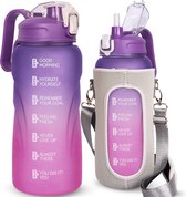 Justfwater 2 liter sportdrinkfles met rietje en motivatietijdmarkering, 2 l waterfles voor fitness, waterdicht, herbruikbaar